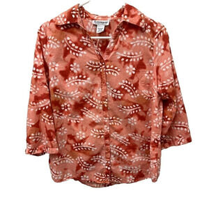Serengeti Batik Print Button Down 3/4 Sleeve Coral Red White Blouse Top